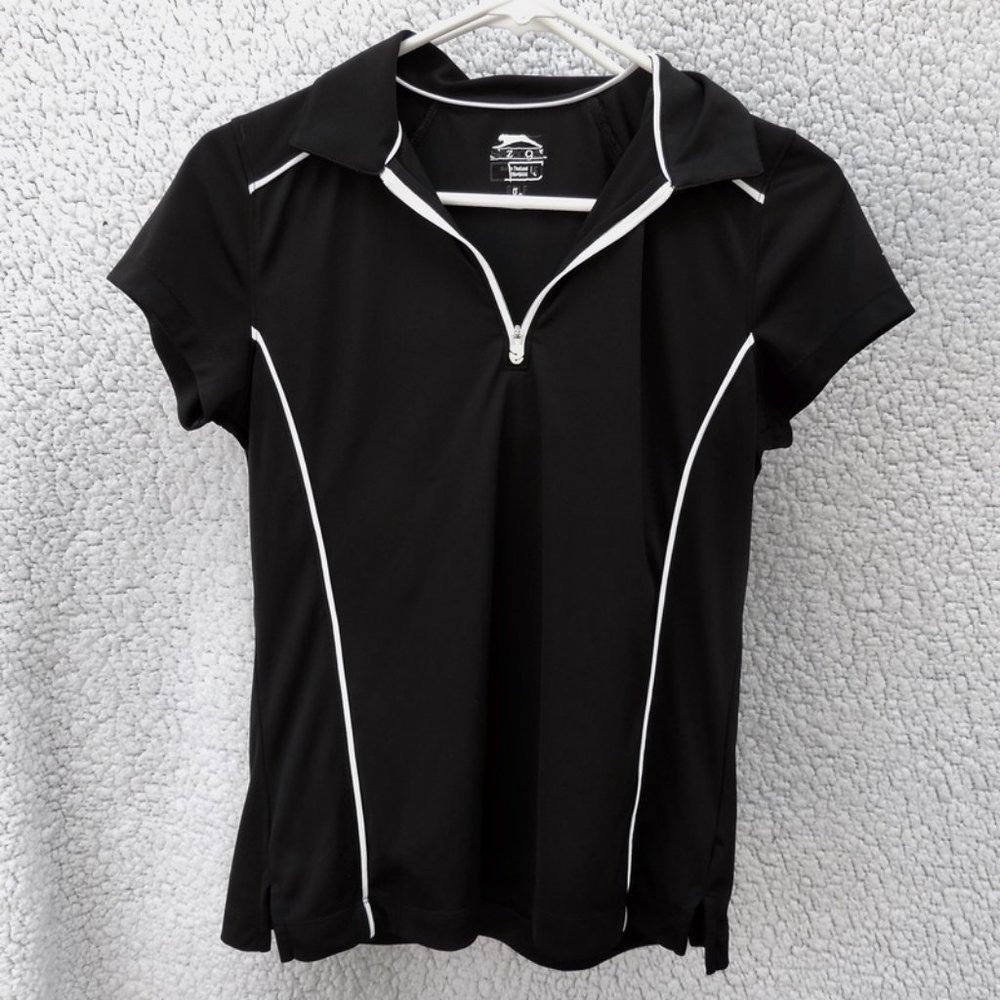 Black Short Sleeved Collared Shirt & White Detail With Zip Up Neck